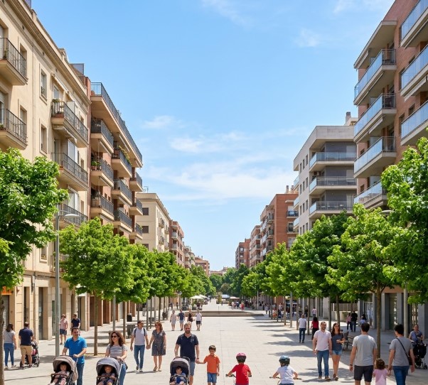 Vistas de las calles, bloques de pisos, parques y el entorno residencial seguro de Torrent Ballester en Viladecans